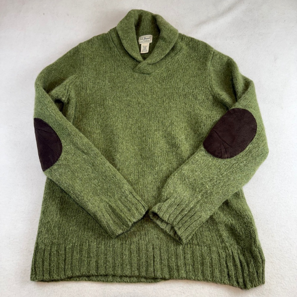 LL Bean Mens Large Green Shetland Wool Shawl Collar Sweater Elbow Patches 0HLV5